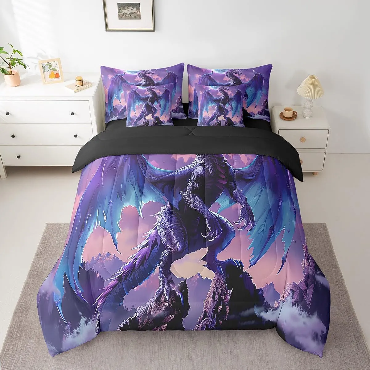 Erosebridal Pterosaur 7 Piece Comforter Set Queen, Western Dragon Fantasy Dragon Bedding, Animals Moutains Cloud Lumbar Sheet Set Bed in A Bag, Blue Purple