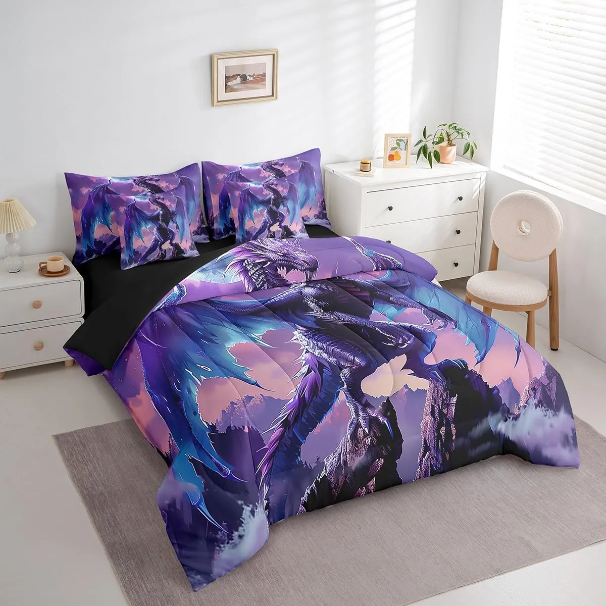Erosebridal Pterosaur 7 Piece Comforter Set Queen, Western Dragon Fantasy Dragon Bedding, Animals Moutains Cloud Lumbar Sheet Set Bed in A Bag, Blue Purple