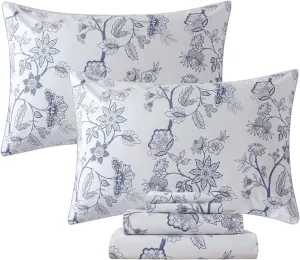 FADFAY California King Sheet Set Floral Percale Cotton Toile Sheets Luxury Light Blue Vintage Farmhouse Bedding Classical Minimalist Chic Sheets Soft Crisp Breathable Deep Pocket Fitted Sheet 4Pcs