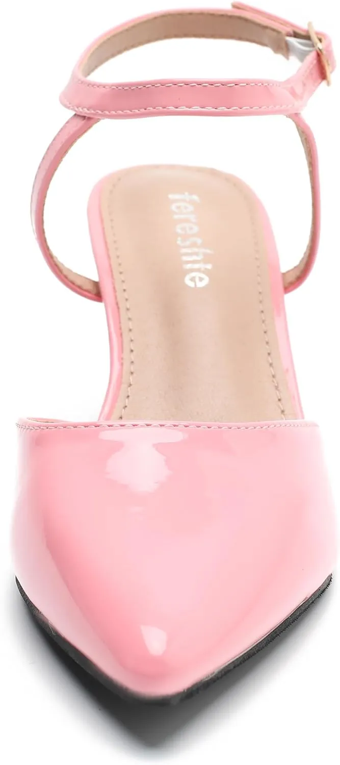 fereshte Women's Low Kitten Heels Ankle Strap Pumps Slingback Closed Toe Summer Dress Shoes