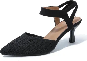 fereshte Women's Low Kitten Heels Knit Pumps Elastic Ankle Strap Slingback Dress Shoes