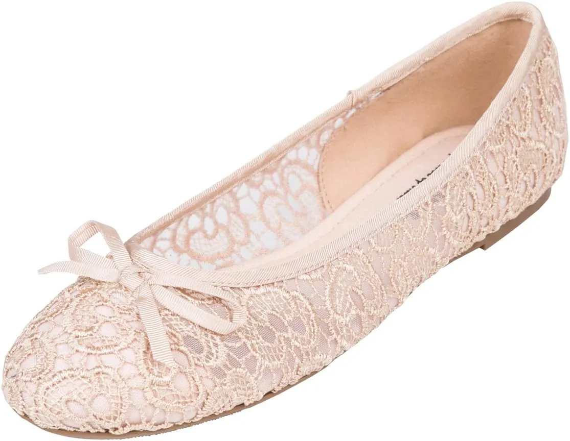 FEVERSOLE Round Toe Lace Ballet Crochet Flats Women's Comfy Breathable Shoes