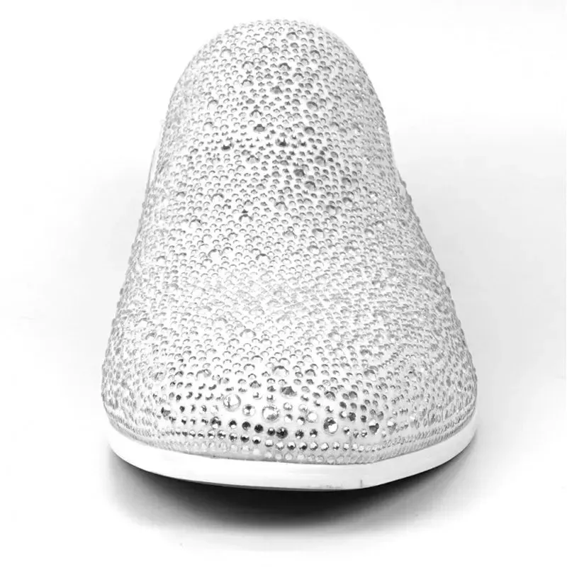 Fiesso FI-7525 White Suede White Rhinestones Slip on Loafers