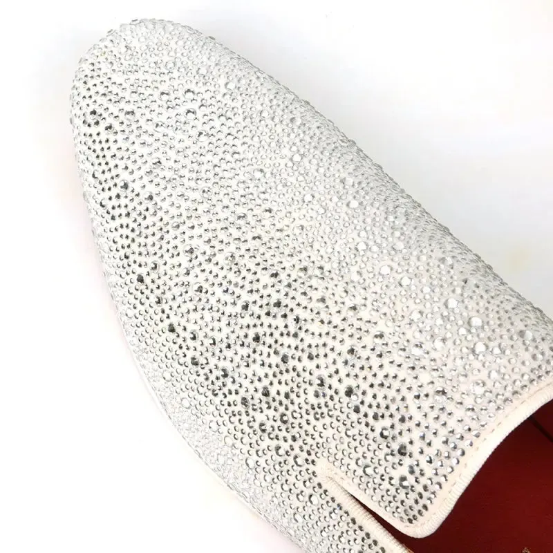 Fiesso FI-7525 White Suede White Rhinestones Slip on Loafers