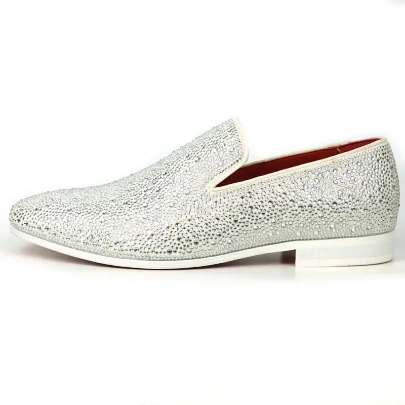 Fiesso FI-7525 White Suede White Rhinestones Slip on Loafers