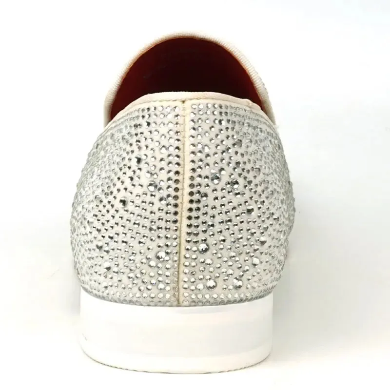 Fiesso FI-7525 White Suede White Rhinestones Slip on Loafers