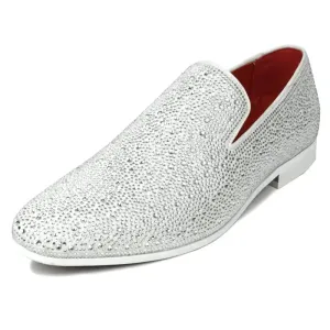 Fiesso FI-7525 White Suede White Rhinestones Slip on Loafers