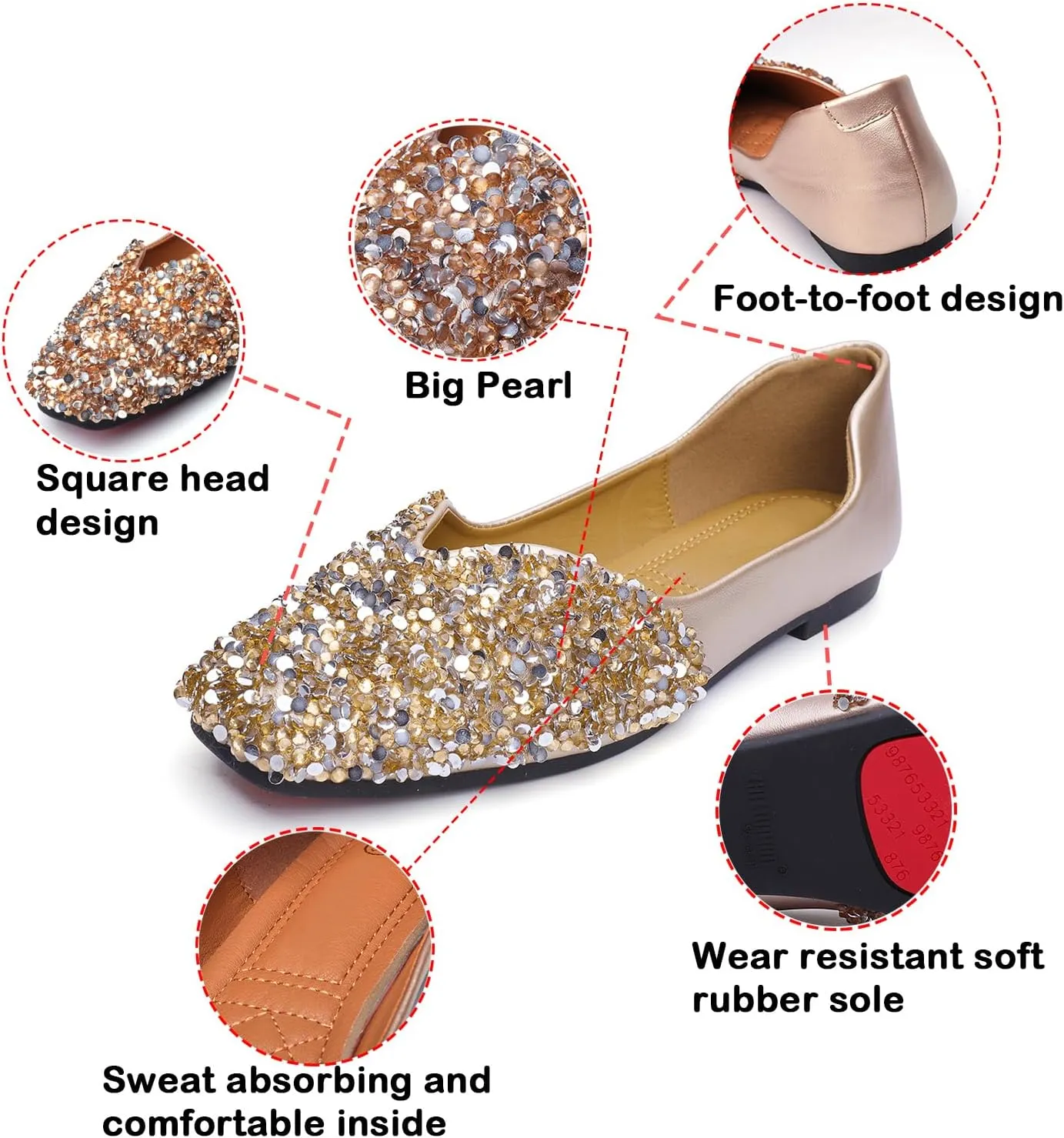 Flats Shoes Women Rhinestone Square Fashion Ballet Flats Wedding Flats for Women Comfortable Slip on Low Heel Dress Shoes