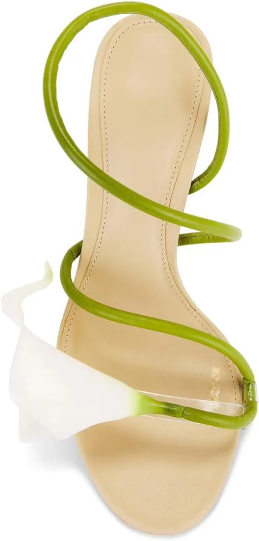 Floral Stiletto Heels for Women Elegant Calla Lily Open Toe Strappy High Heel Sandals Party Wedding Dressy Shoes