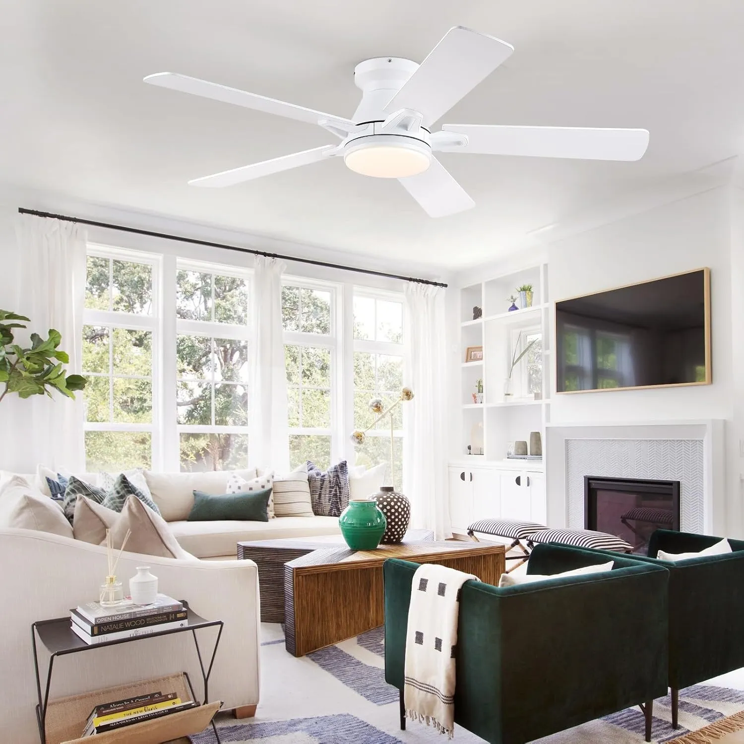 Flush Mount Ceiling Fans with RGB Side Lights - 52" White RGB Ceiling Fan with 5 Dual-Sided Blades, Dimmable Reversilbe Motor, Low Profile Indoor/Outdoor Fan Light for Party, Bedroom