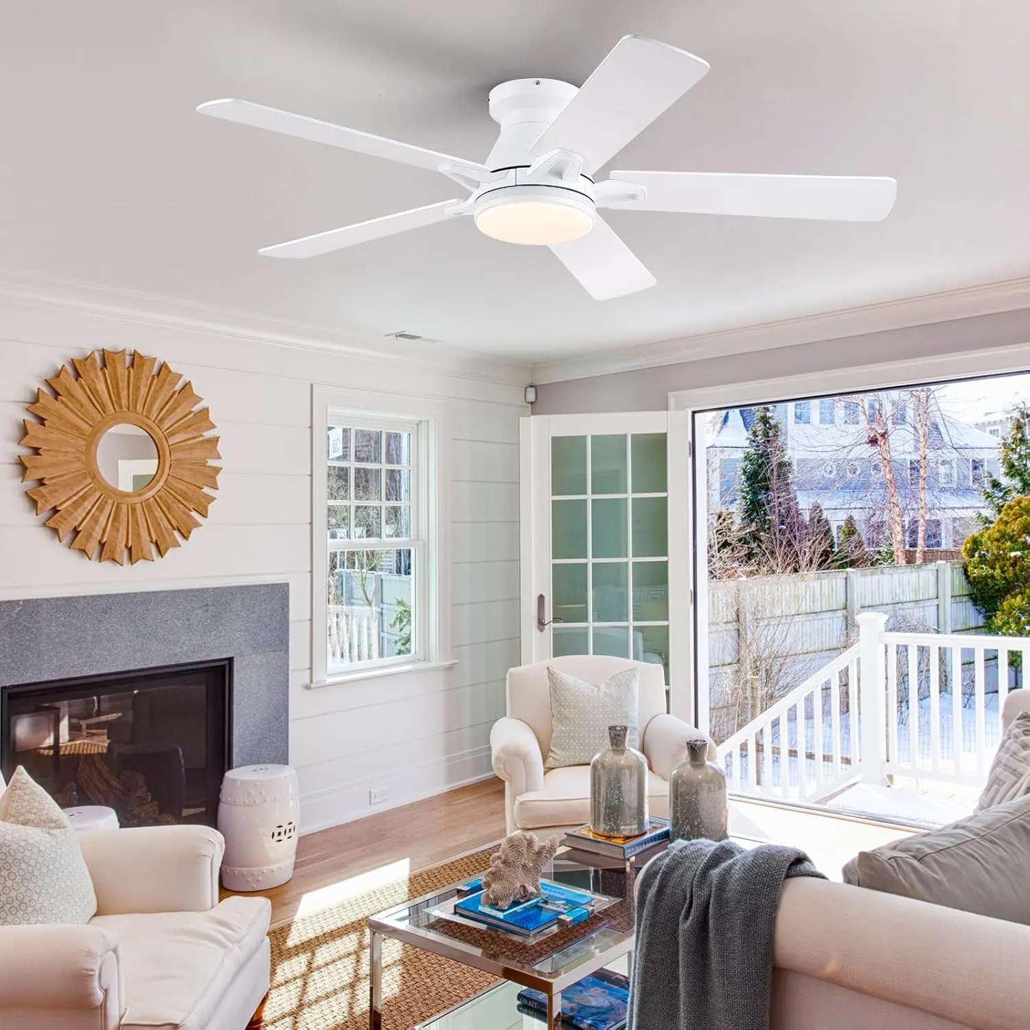 Flush Mount Ceiling Fans with RGB Side Lights - 52" White RGB Ceiling Fan with 5 Dual-Sided Blades, Dimmable Reversilbe Motor, Low Profile Indoor/Outdoor Fan Light for Party, Bedroom