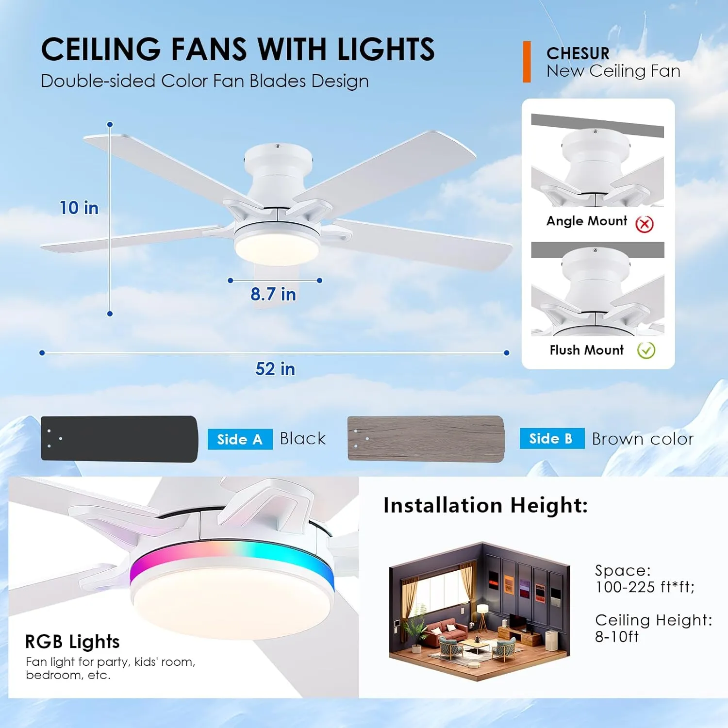 Flush Mount Ceiling Fans with RGB Side Lights - 52" White RGB Ceiling Fan with 5 Dual-Sided Blades, Dimmable Reversilbe Motor, Low Profile Indoor/Outdoor Fan Light for Party, Bedroom