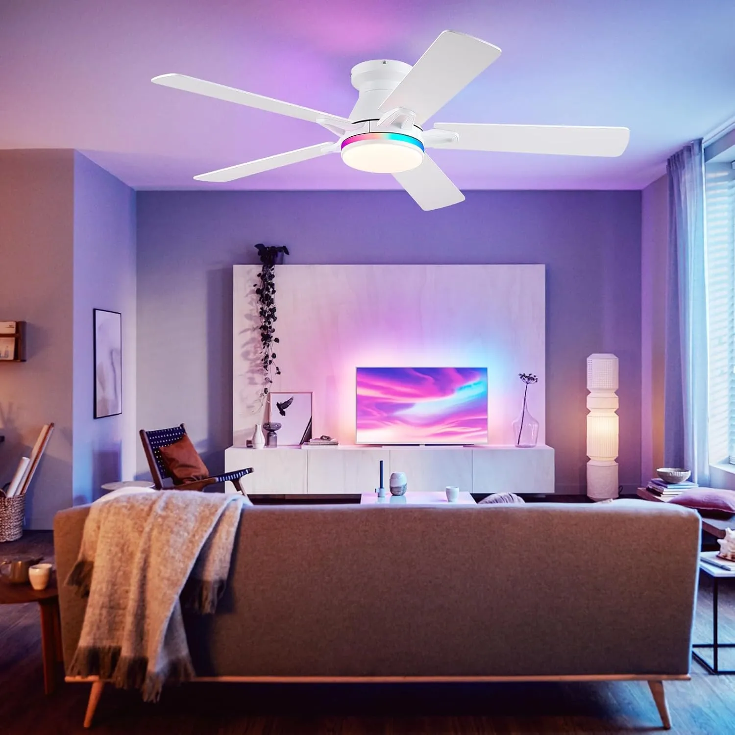 Flush Mount Ceiling Fans with RGB Side Lights - 52" White RGB Ceiling Fan with 5 Dual-Sided Blades, Dimmable Reversilbe Motor, Low Profile Indoor/Outdoor Fan Light for Party, Bedroom