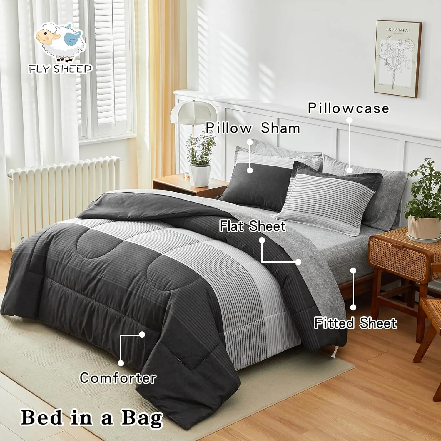 Flysheep Ombre Striped Bed in a Bag 7 Pieces Queen Size, Grey and White Stripes Comforter Sheet Set (1 Comforter, 1 Flat Sheet, 1 Fitted Sheet, 2 Pillow Shams, 2 Pillowcases)
