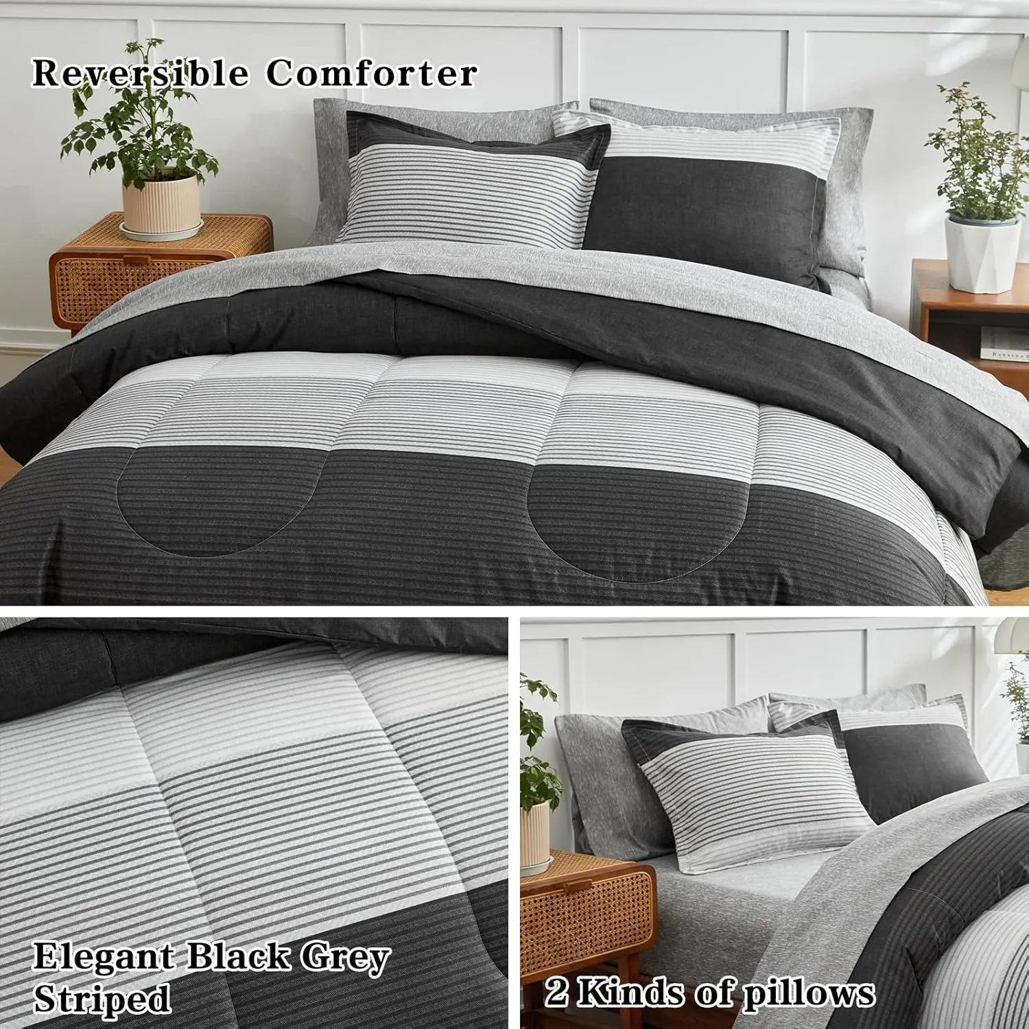 Flysheep Ombre Striped Bed in a Bag 7 Pieces Queen Size, Grey and White Stripes Comforter Sheet Set (1 Comforter, 1 Flat Sheet, 1 Fitted Sheet, 2 Pillow Shams, 2 Pillowcases)