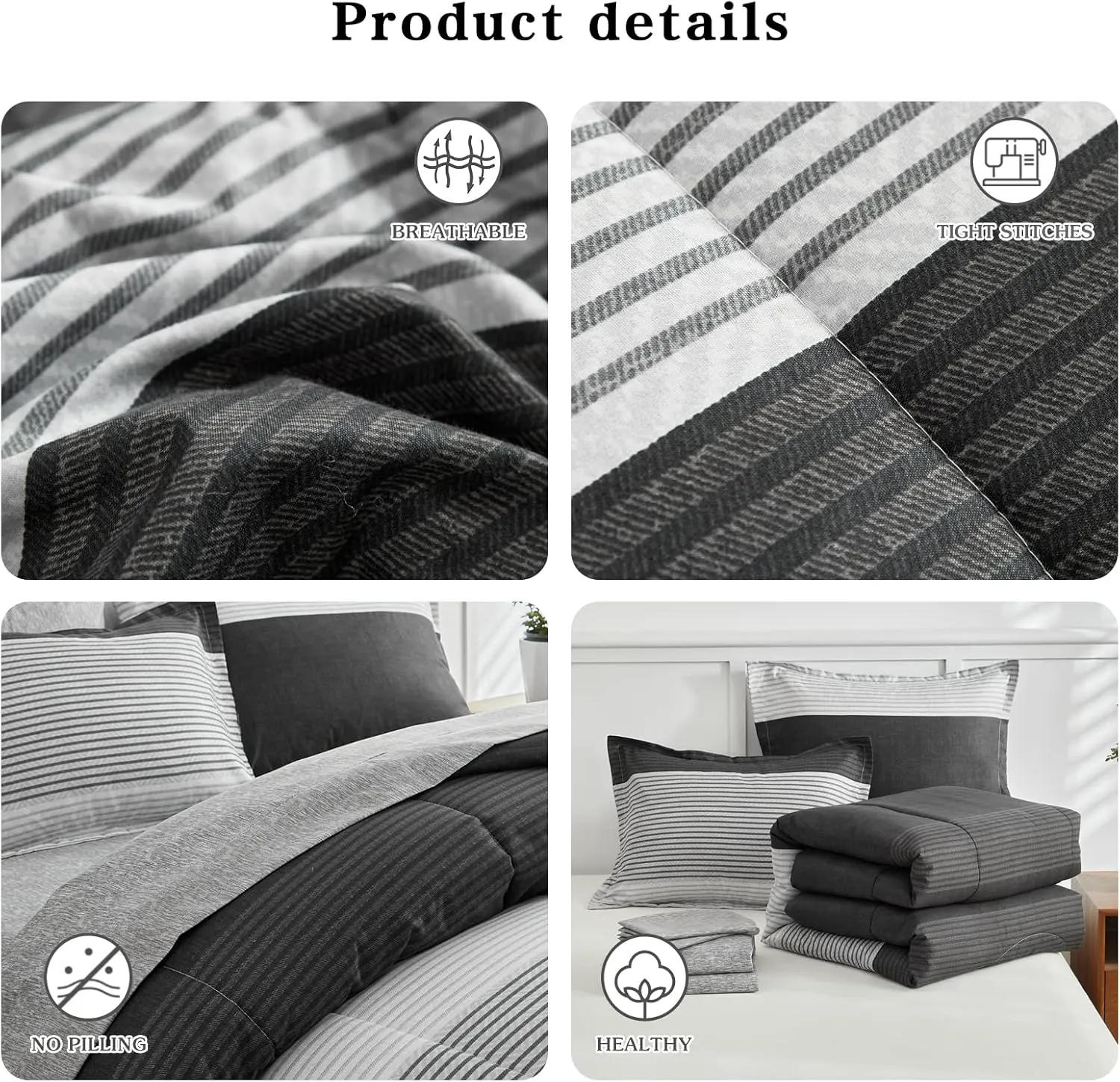 Flysheep Ombre Striped Bed in a Bag 7 Pieces Queen Size, Grey and White Stripes Comforter Sheet Set (1 Comforter, 1 Flat Sheet, 1 Fitted Sheet, 2 Pillow Shams, 2 Pillowcases)