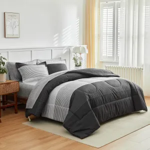 Flysheep Ombre Striped Bed in a Bag 7 Pieces Queen Size, Grey and White Stripes Comforter Sheet Set (1 Comforter, 1 Flat Sheet, 1 Fitted Sheet, 2 Pillow Shams, 2 Pillowcases)