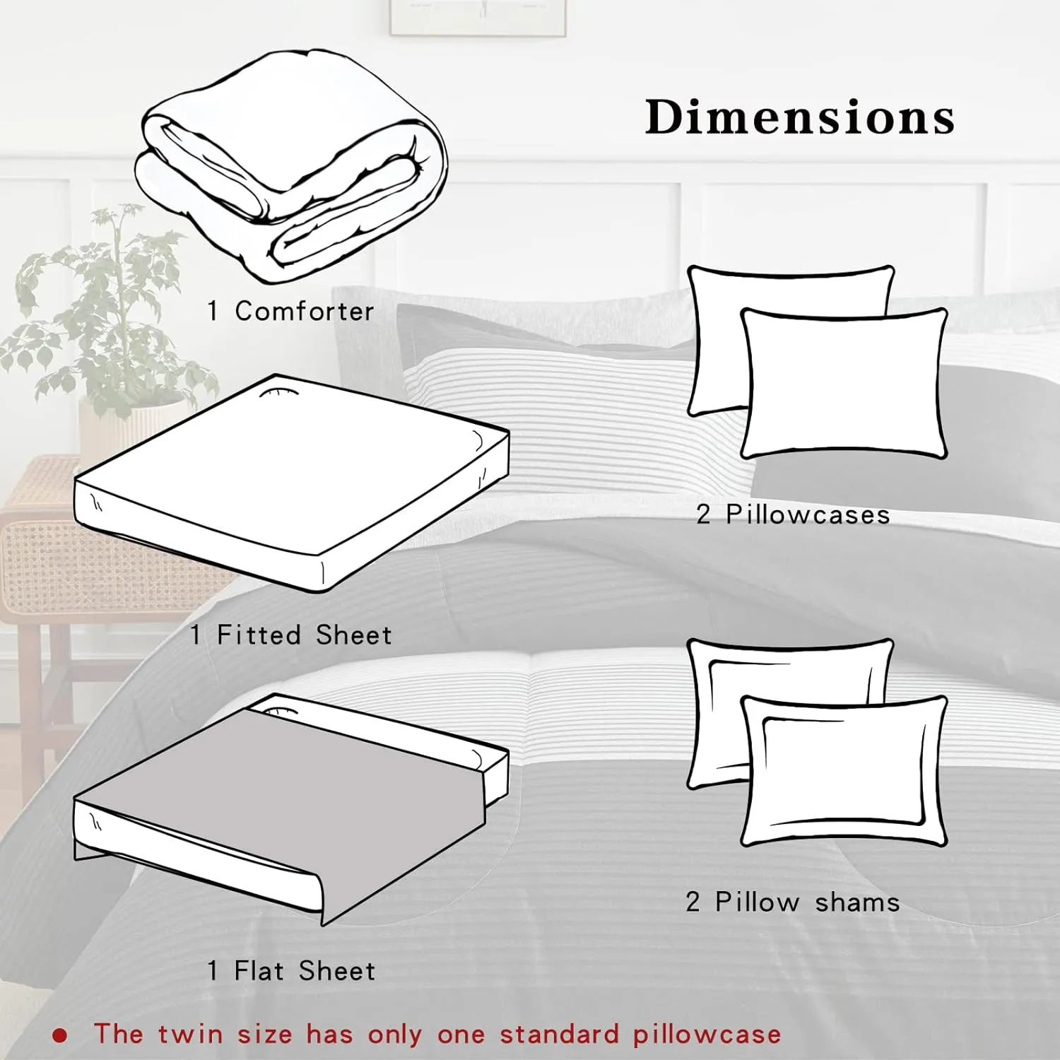 Flysheep Ombre Striped Bed in a Bag 7 Pieces Queen Size, Grey and White Stripes Comforter Sheet Set (1 Comforter, 1 Flat Sheet, 1 Fitted Sheet, 2 Pillow Shams, 2 Pillowcases)