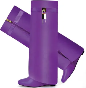 Fold Over Boots for Women Pointy Pull-on Wedge Heel Knee Shark Boot With Side Zipper Padlock Design