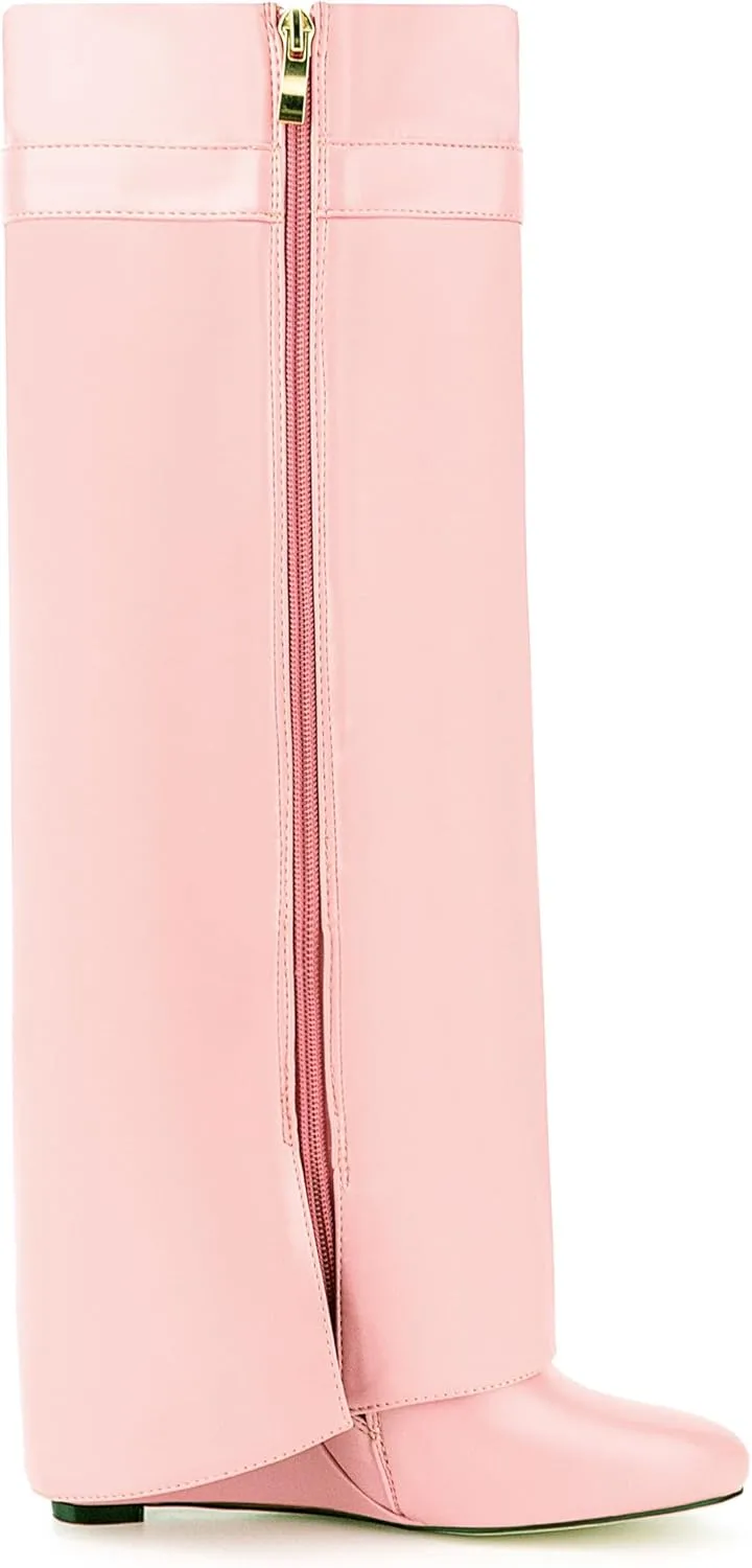 Fold Over Boots for Women Pointy Pull-on Wedge Heel Knee Shark Boot With Side Zipper Padlock Design