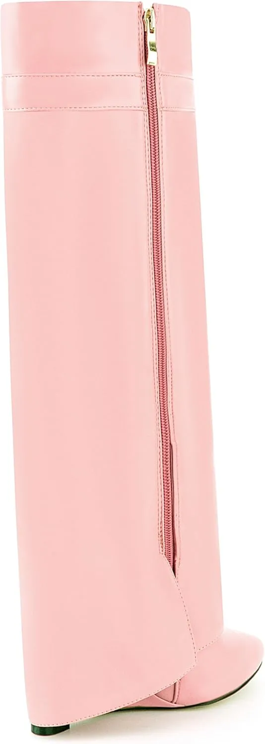 Fold Over Boots for Women Pointy Pull-on Wedge Heel Knee Shark Boot With Side Zipper Padlock Design
