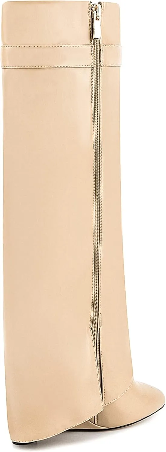 Fold Over Boots for Women Pointy Pull-on Wedge Heel Knee Shark Boot With Side Zipper Padlock Design