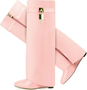 Fold Over Boots for Women Pointy Pull-on Wedge Heel Knee Shark Boot With Side Zipper Padlock Design