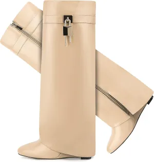 Fold Over Boots for Women Pointy Pull-on Wedge Heel Knee Shark Boot With Side Zipper Padlock Design