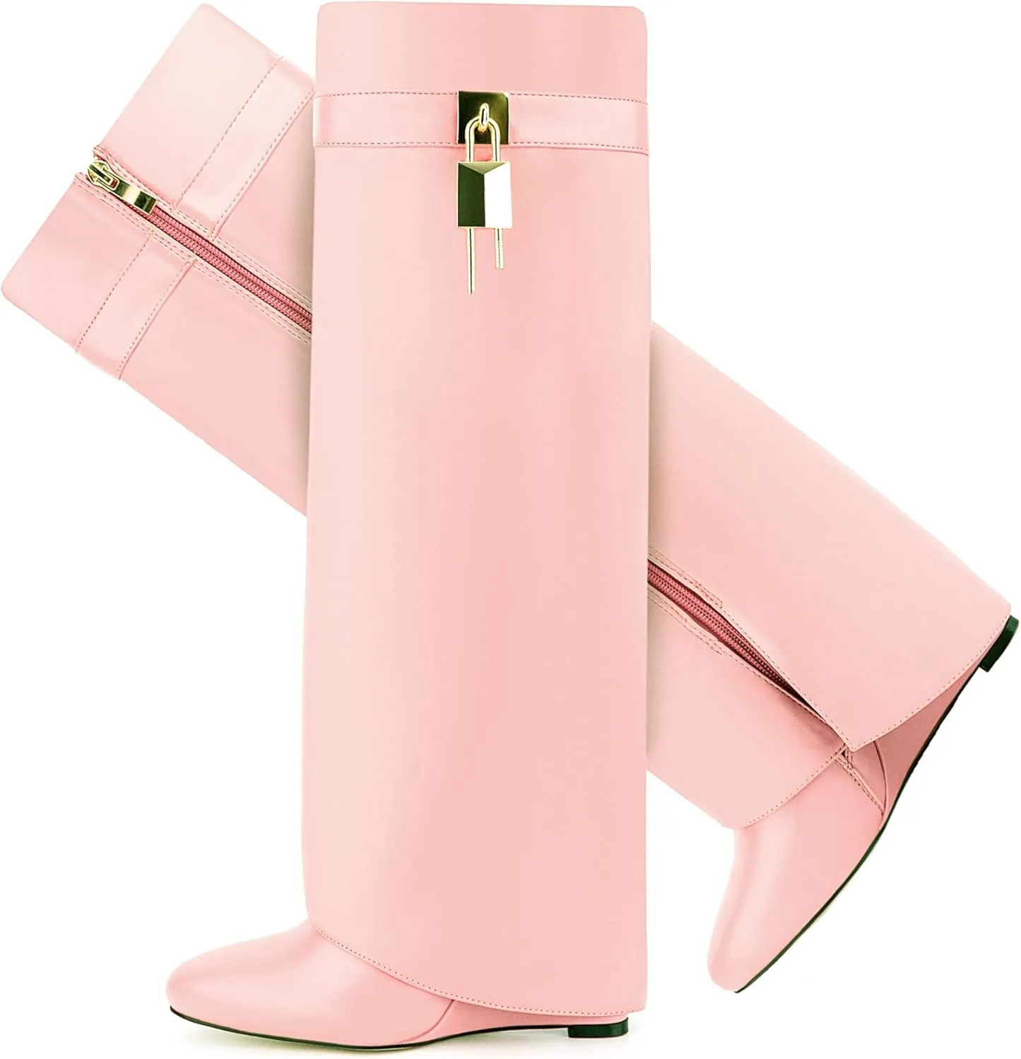 Fold Over Boots for Women Pointy Pull-on Wedge Heel Knee Shark Boot With Side Zipper Padlock Design