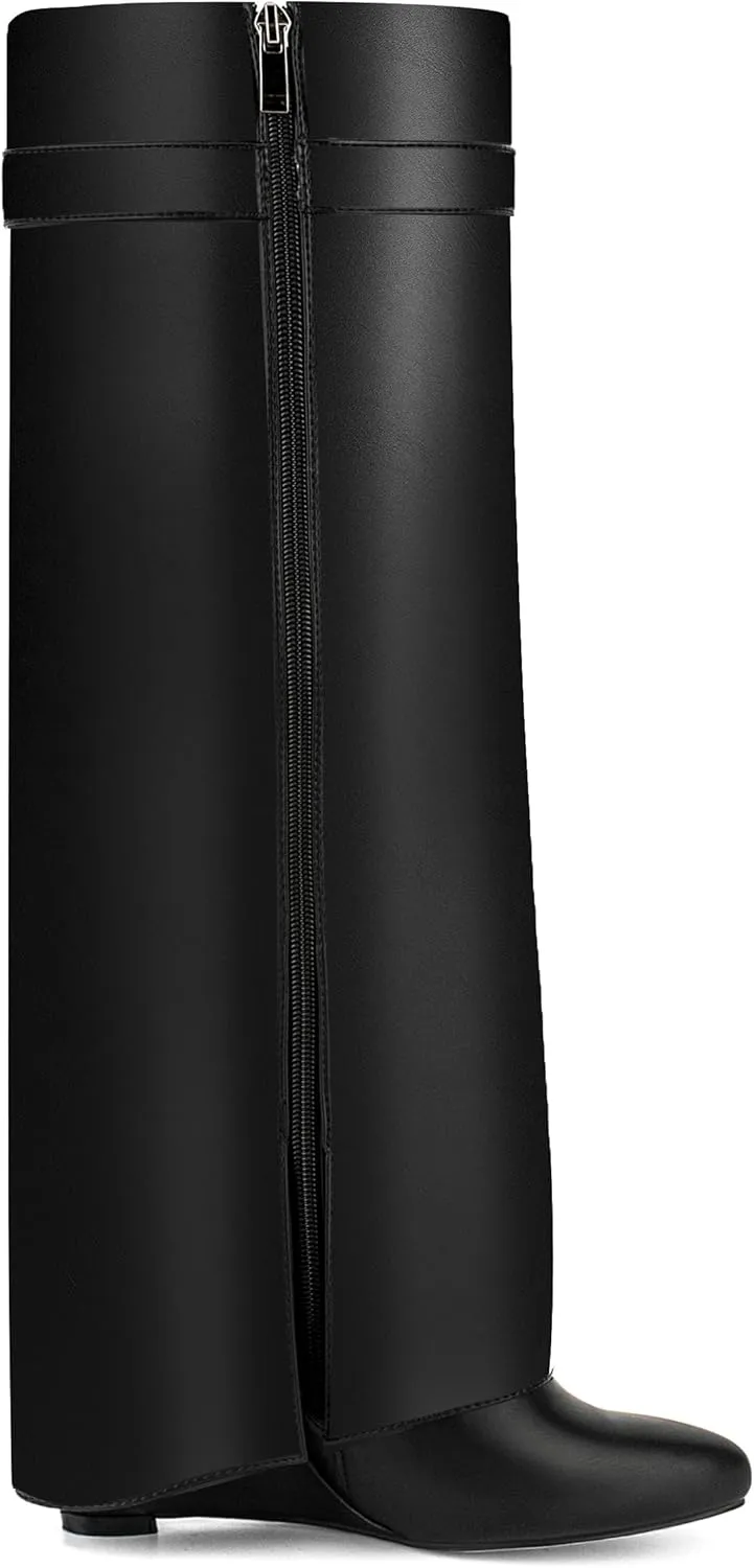 Fold Over Knee High Boots for Women Pointy Pull-on Wedge Heel Knee Shark Boot With Side Zipper Covered Wedge Heel Padlock Boot