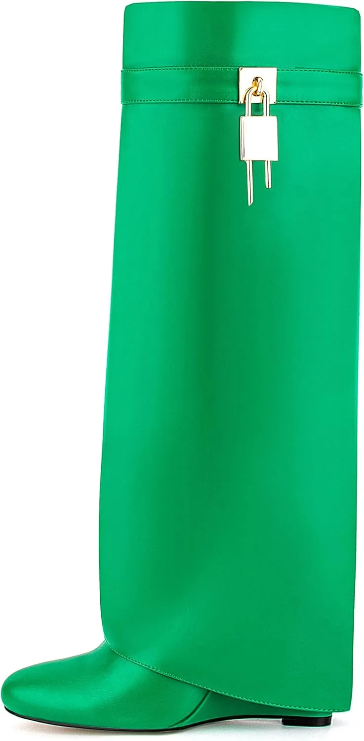Fold Over Knee High Boots for Women Pointy Pull-on Wedge Heel Knee Shark Boot With Side Zipper Covered Wedge Heel Padlock Boot