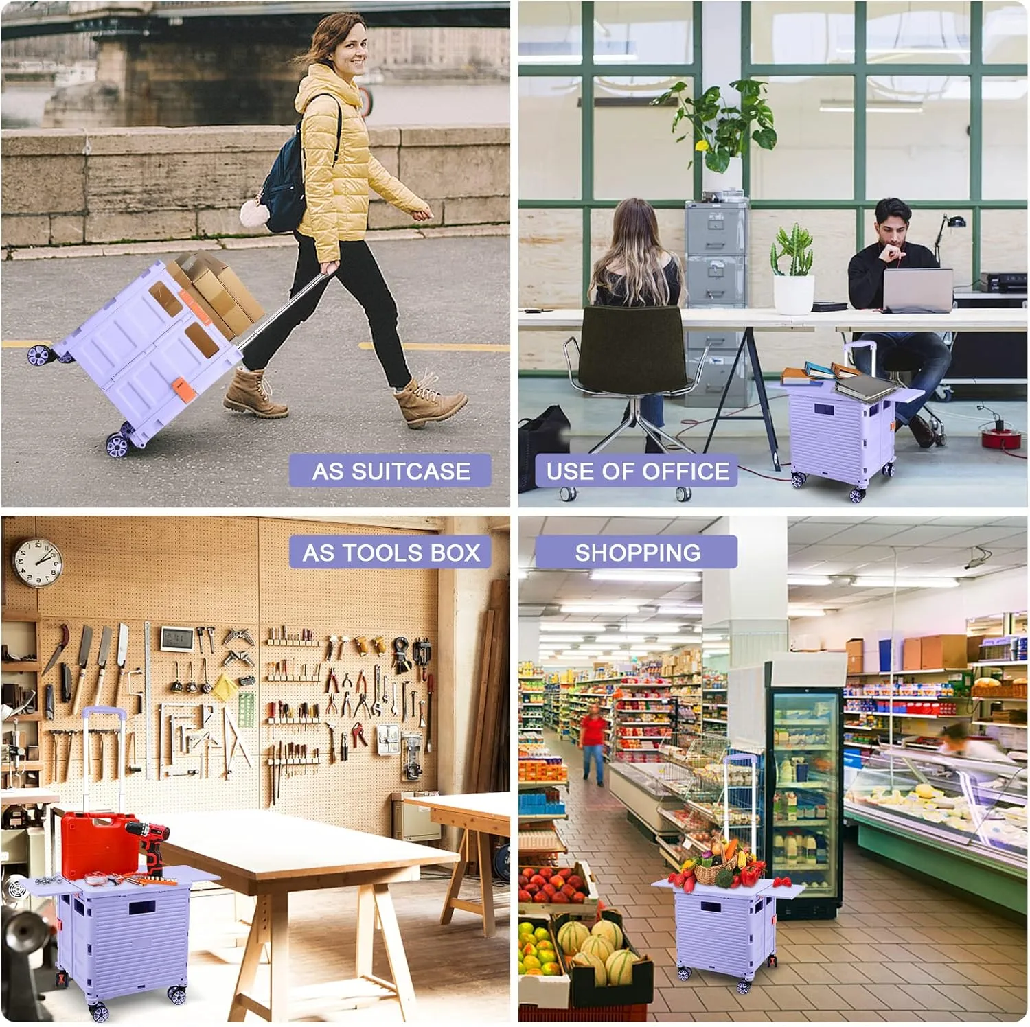 Foldable Utility Cart Folding Portable Rolling Crate with Magnetic Extended Lid,360°Rotate Wheels,176LBS Load Capacity,Heavy Duty Durable Dolly Cart for Teacher Tourist Shopping Office Outdoor