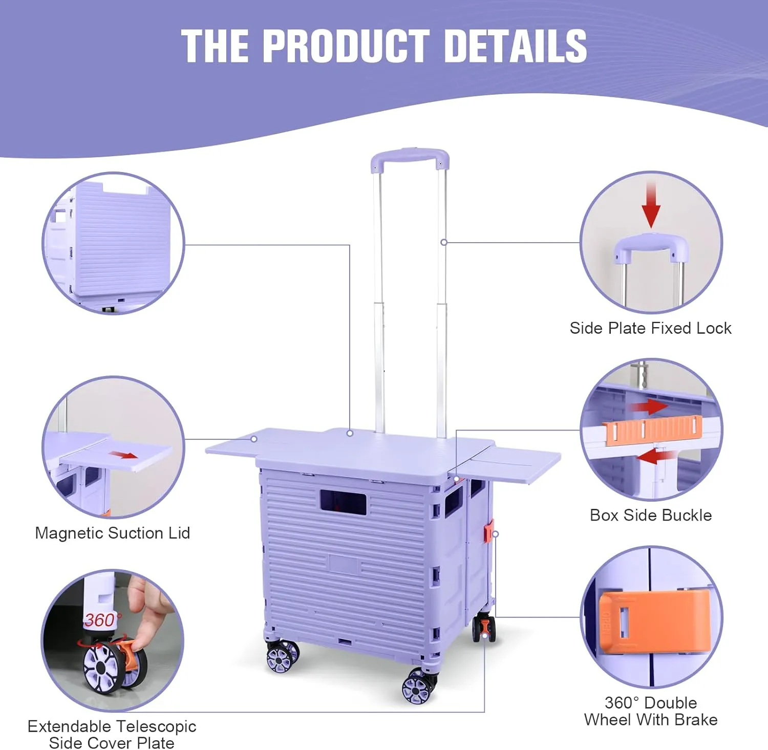 Foldable Utility Cart Folding Portable Rolling Crate with Magnetic Extended Lid,360°Rotate Wheels,176LBS Load Capacity,Heavy Duty Durable Dolly Cart for Teacher Tourist Shopping Office Outdoor