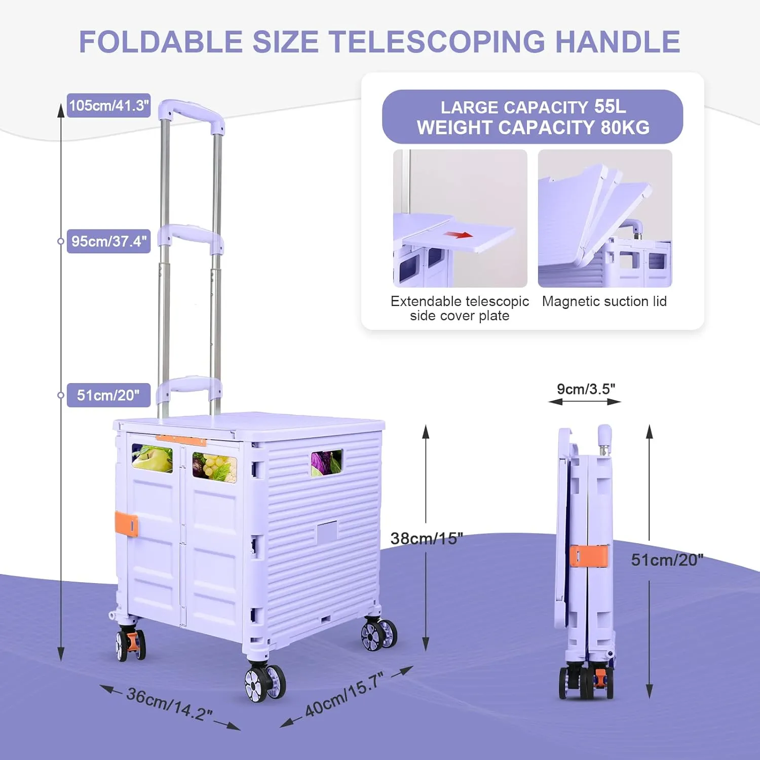 Foldable Utility Cart Folding Portable Rolling Crate with Magnetic Extended Lid,360°Rotate Wheels,176LBS Load Capacity,Heavy Duty Durable Dolly Cart for Teacher Tourist Shopping Office Outdoor