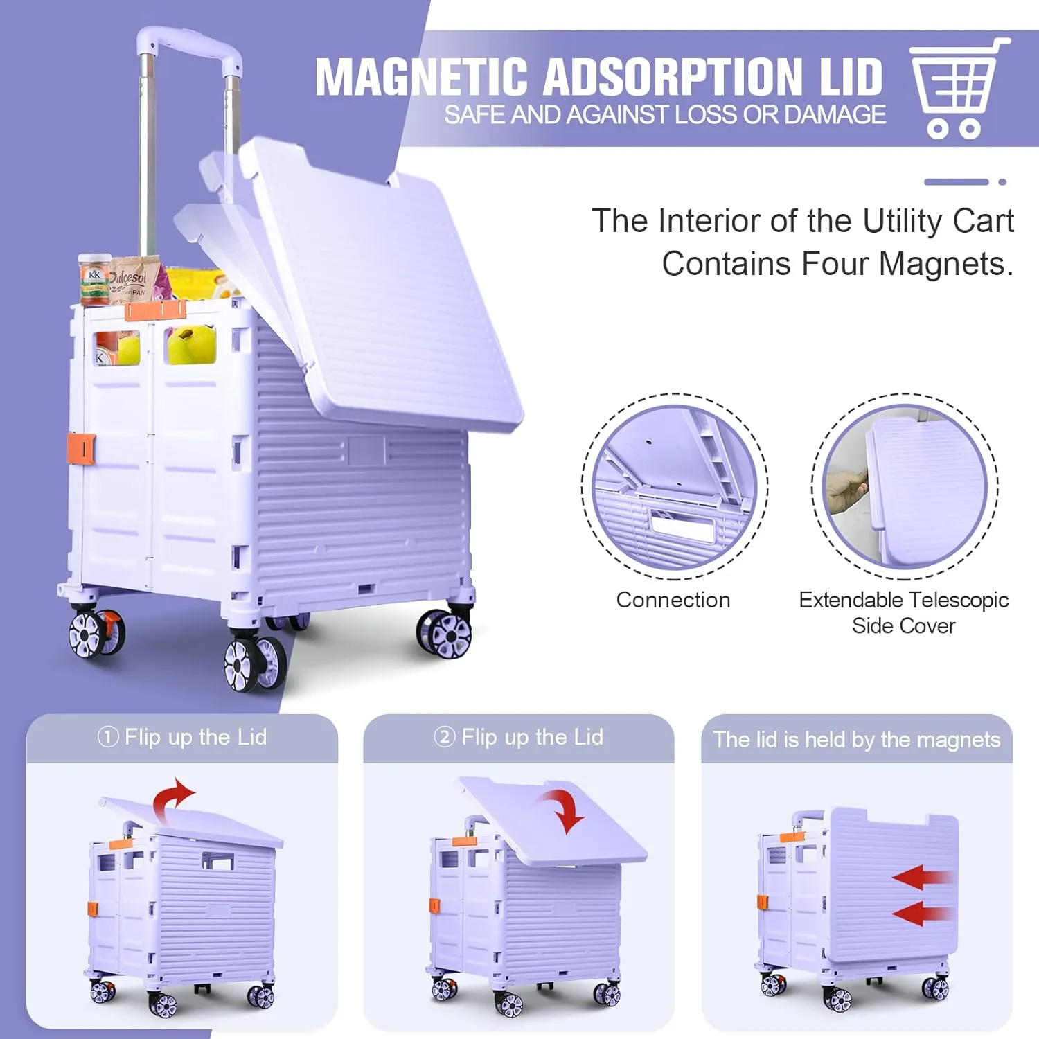 Foldable Utility Cart Folding Portable Rolling Crate with Magnetic Extended Lid,360°Rotate Wheels,176LBS Load Capacity,Heavy Duty Durable Dolly Cart for Teacher Tourist Shopping Office Outdoor