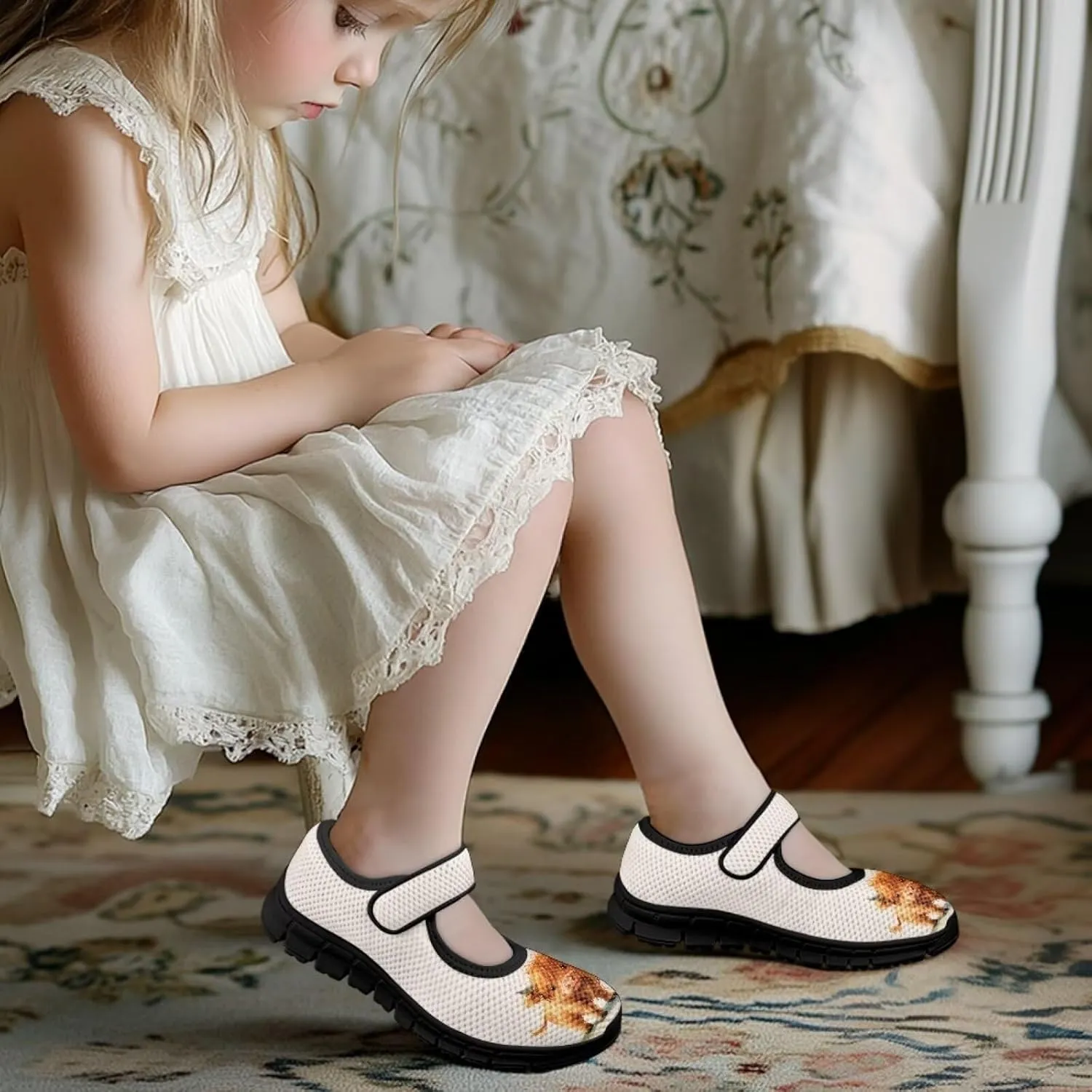 Forchrinse Sunflower Otter Pattern Toddlers Girls Dress Shoes Floral Mary Jane Flats Party School Uniform Shoes Lightweight Flats Sneakers for Kids,Size 11-2.5