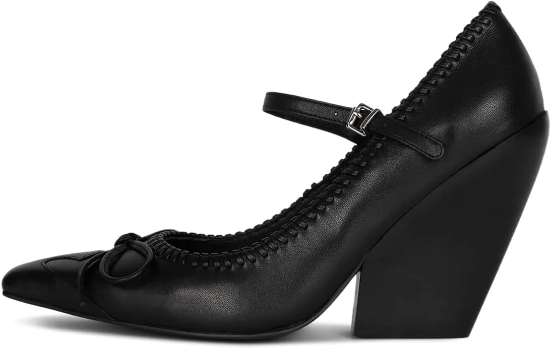 FOWT Women Elegant Bow Knot Single Strap Mary Jane Pumps Square Toe Special Chunky High Heel Adjustable Buckle Prom Evening Dress Date Shoes Size 4-16 US