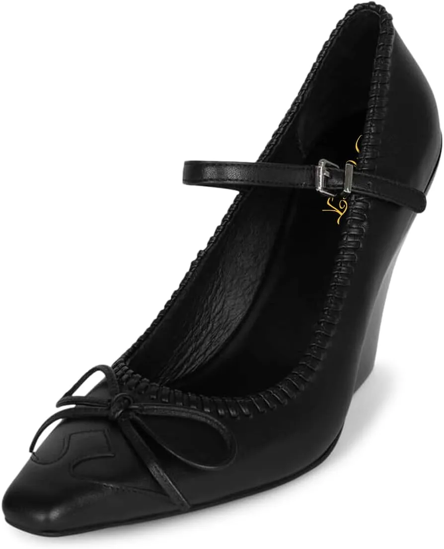 FOWT Women Elegant Bow Knot Single Strap Mary Jane Pumps Square Toe Special Chunky High Heel Adjustable Buckle Prom Evening Dress Date Shoes Size 4-16 US