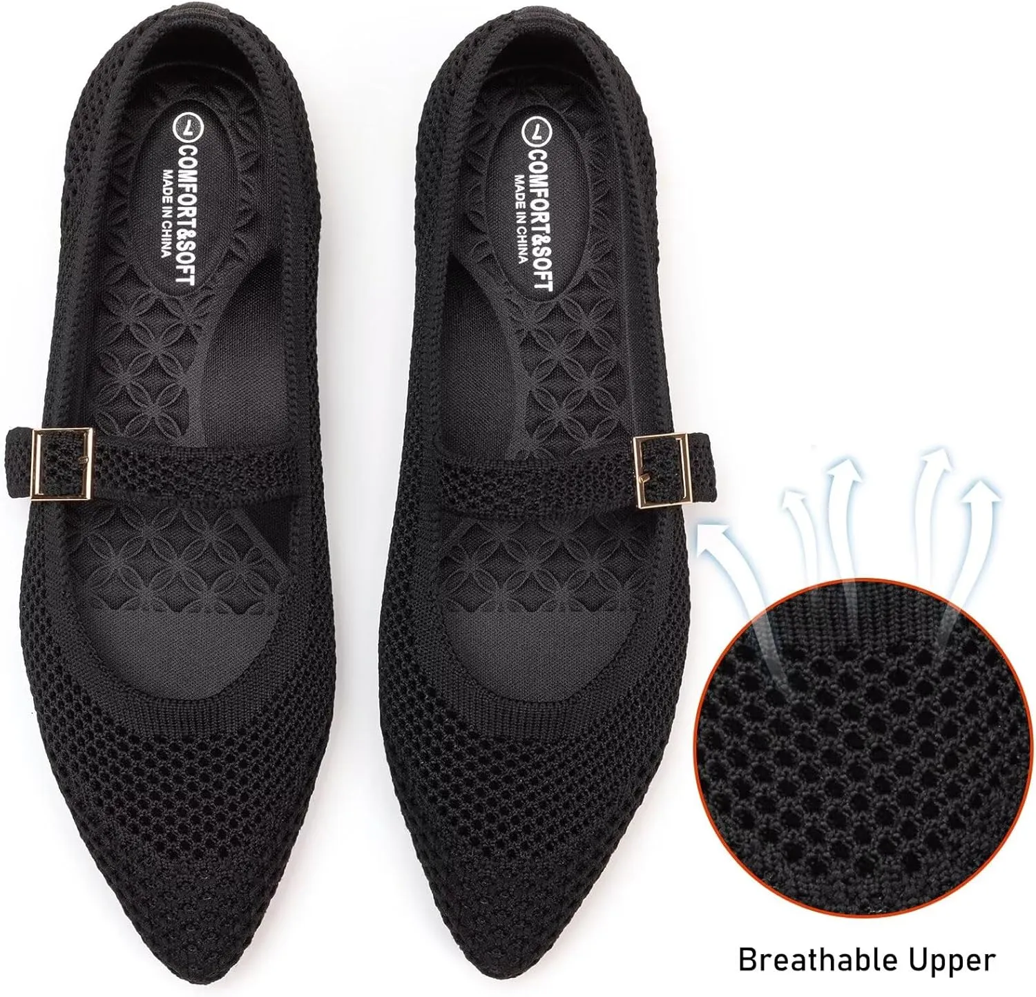 Frank Mully Women's Mesh Flats Mary Jane Shoes Pointed Toe Lightweight with Adjustable Instep Strap Knit Flat Shoes for Women Dressy Casual Washable Walking Shoes