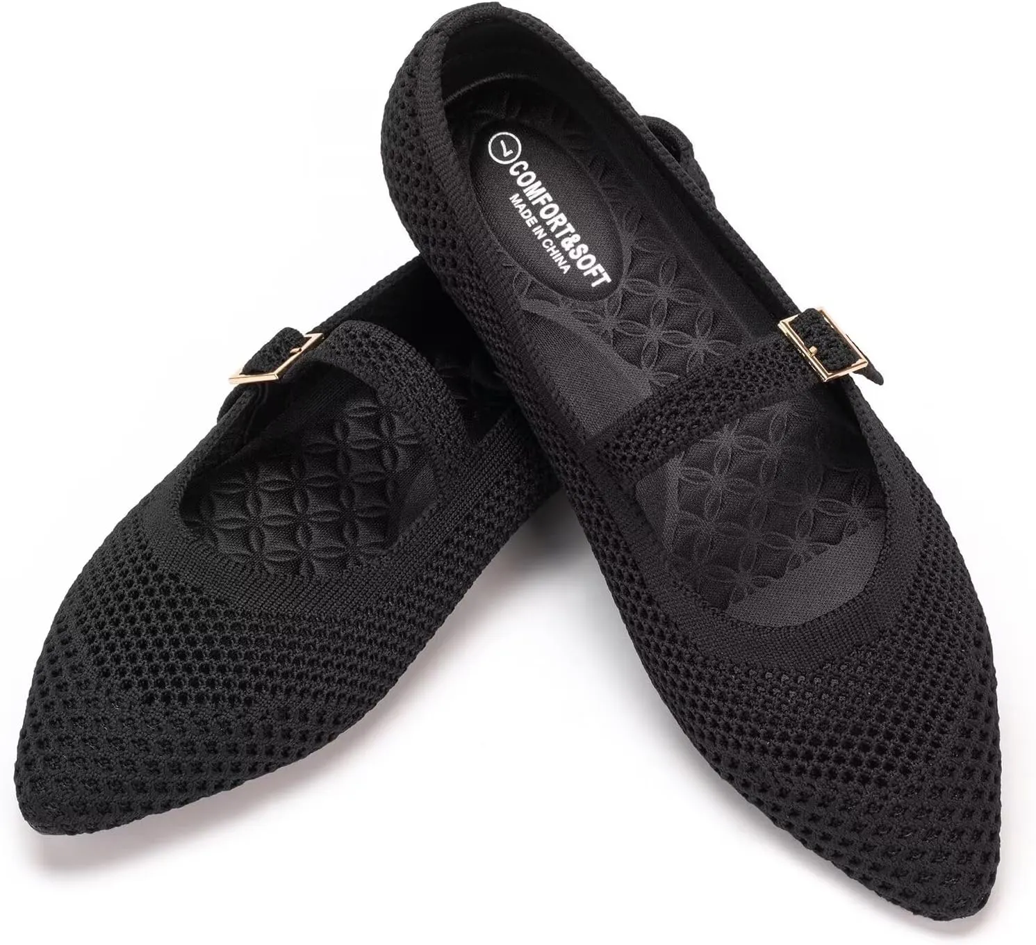 Frank Mully Women's Mesh Flats Mary Jane Shoes Pointed Toe Lightweight with Adjustable Instep Strap Knit Flat Shoes for Women Dressy Casual Washable Walking Shoes