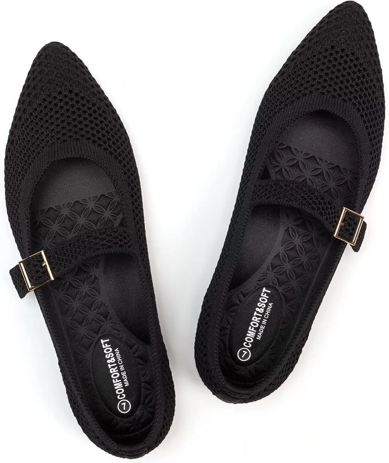 Frank Mully Women's Mesh Flats Mary Jane Shoes Pointed Toe Lightweight with Adjustable Instep Strap Knit Flat Shoes for Women Dressy Casual Washable Walking Shoes