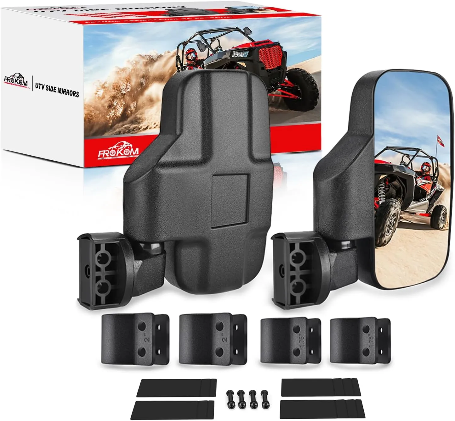 Frokom UTV Side Mirrors,Universal Powersports Rear View Mirrors for 1.6" - 2" Roll Cage Polaris Ranger RZR Pioneer Can Am Commander Kawasaki Mule Teryx Rhino Yamaha Wildcat Cfmoto Kubota RTV