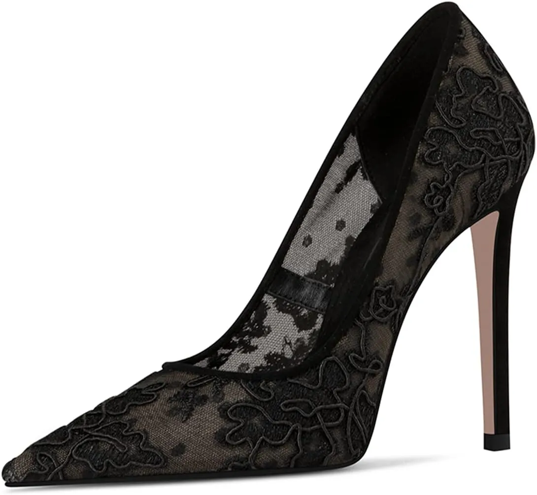 FSJ Women Elegant Pointed Toe High Heel Pumps Floral Lace Mesh Slip On Rhinestones Stiletto Bridal Wedding Banquet Party Shoes Size 4-15 US