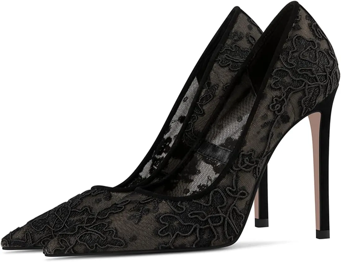 FSJ Women Elegant Pointed Toe High Heel Pumps Floral Lace Mesh Slip On Rhinestones Stiletto Bridal Wedding Banquet Party Shoes Size 4-15 US
