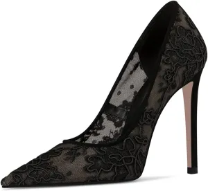 FSJ Women Elegant Pointed Toe High Heel Pumps Floral Lace Mesh Slip On Rhinestones Stiletto Bridal Wedding Banquet Party Shoes Size 4-15 US