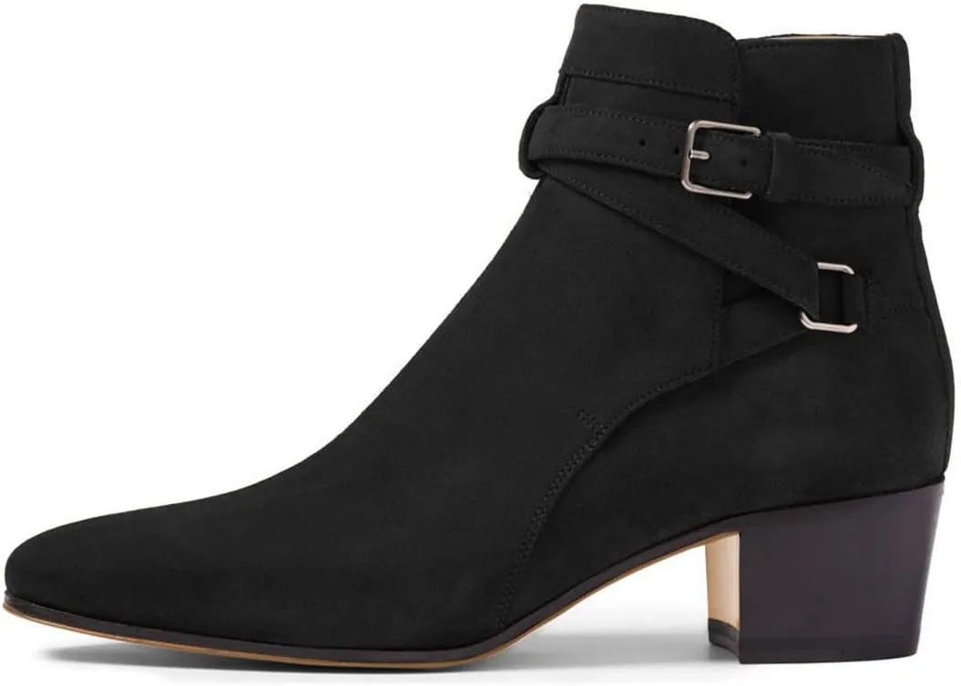 FSJ Women Elegant Round Toe Ankle Boots Comfortable Walking Mid High Chunky Heel Strappy Buckle Dress Shoes Size 4-15 M US