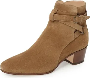 FSJ Women Elegant Round Toe Ankle Boots Comfortable Walking Mid High Chunky Heel Strappy Buckle Dress Shoes Size 4-15 M US