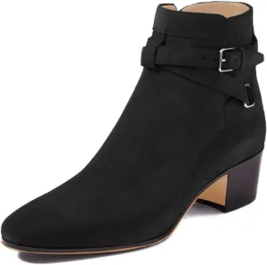 FSJ Women Elegant Round Toe Ankle Boots Comfortable Walking Mid High Chunky Heel Strappy Buckle Dress Shoes Size 4-15 M US