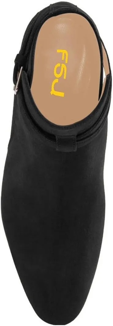 FSJ Women Elegant Round Toe Ankle Boots Comfortable Walking Mid High Chunky Heel Strappy Buckle Dress Shoes Size 4-15 M US