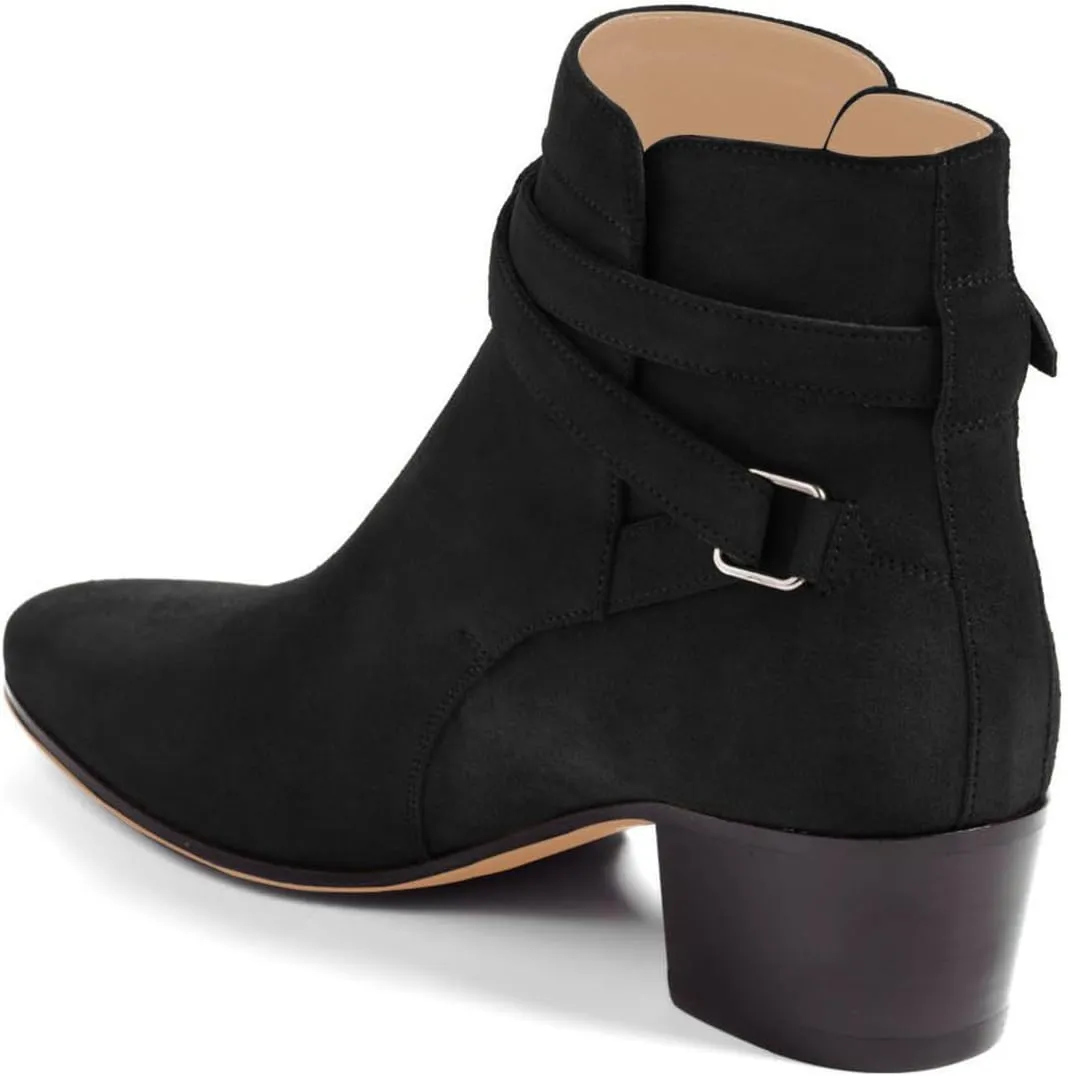 FSJ Women Elegant Round Toe Ankle Boots Comfortable Walking Mid High Chunky Heel Strappy Buckle Dress Shoes Size 4-15 M US